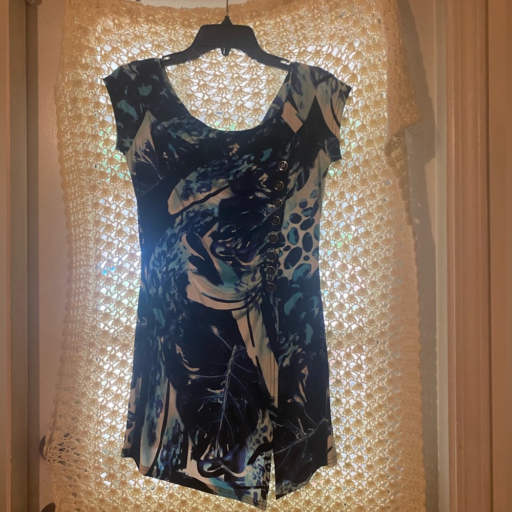 Joseph Ribkoff navy, black, teal, white print dress with button detail on front